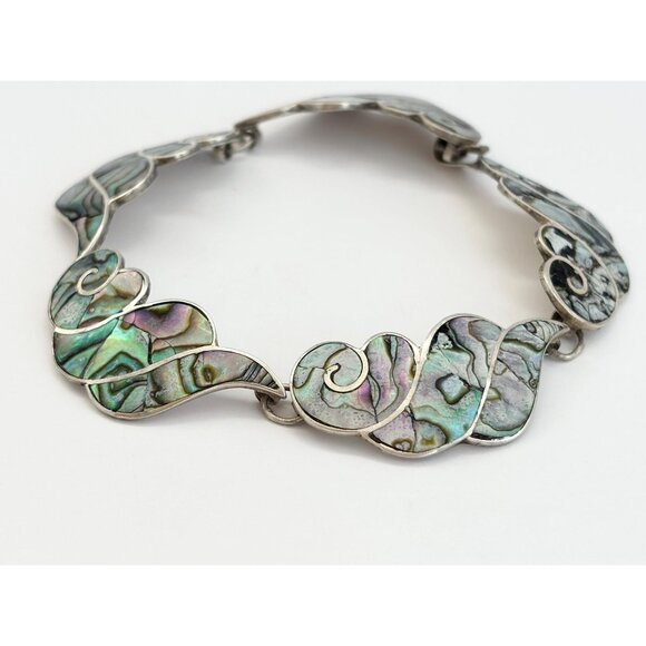 Abalone | Mother of Pearl Hecho en Mexico Taxco Sterling Silver Vintage Bracelet - Picture 1 of 10